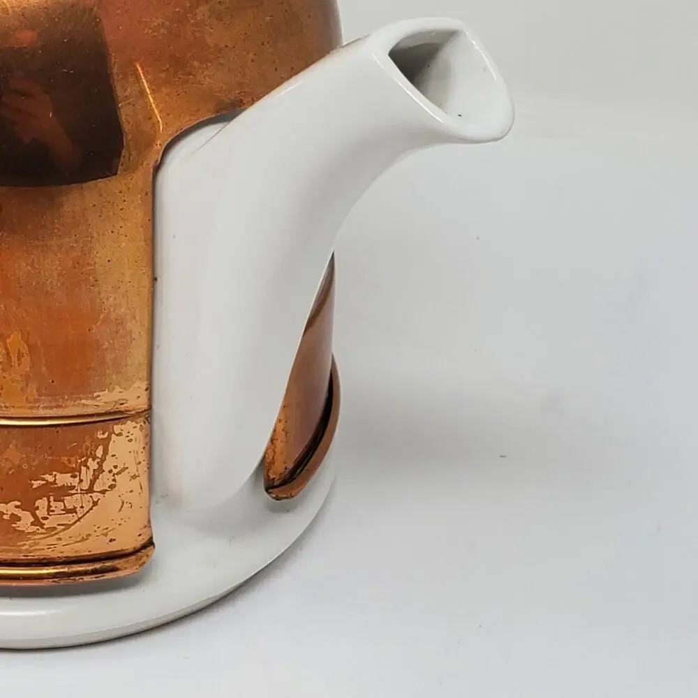 Mid Century Modern Copper insulated white porcelain tea pot 3.5 Cup